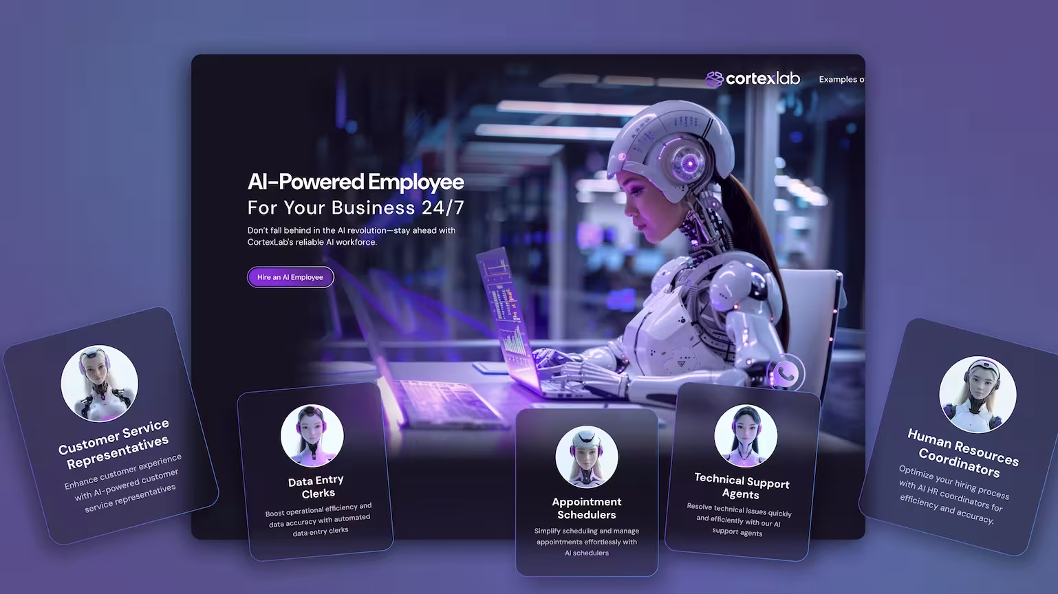 CortexLab AI employee dashboard displaying customizable roles for business automation, including support, HR, and data entry tasks