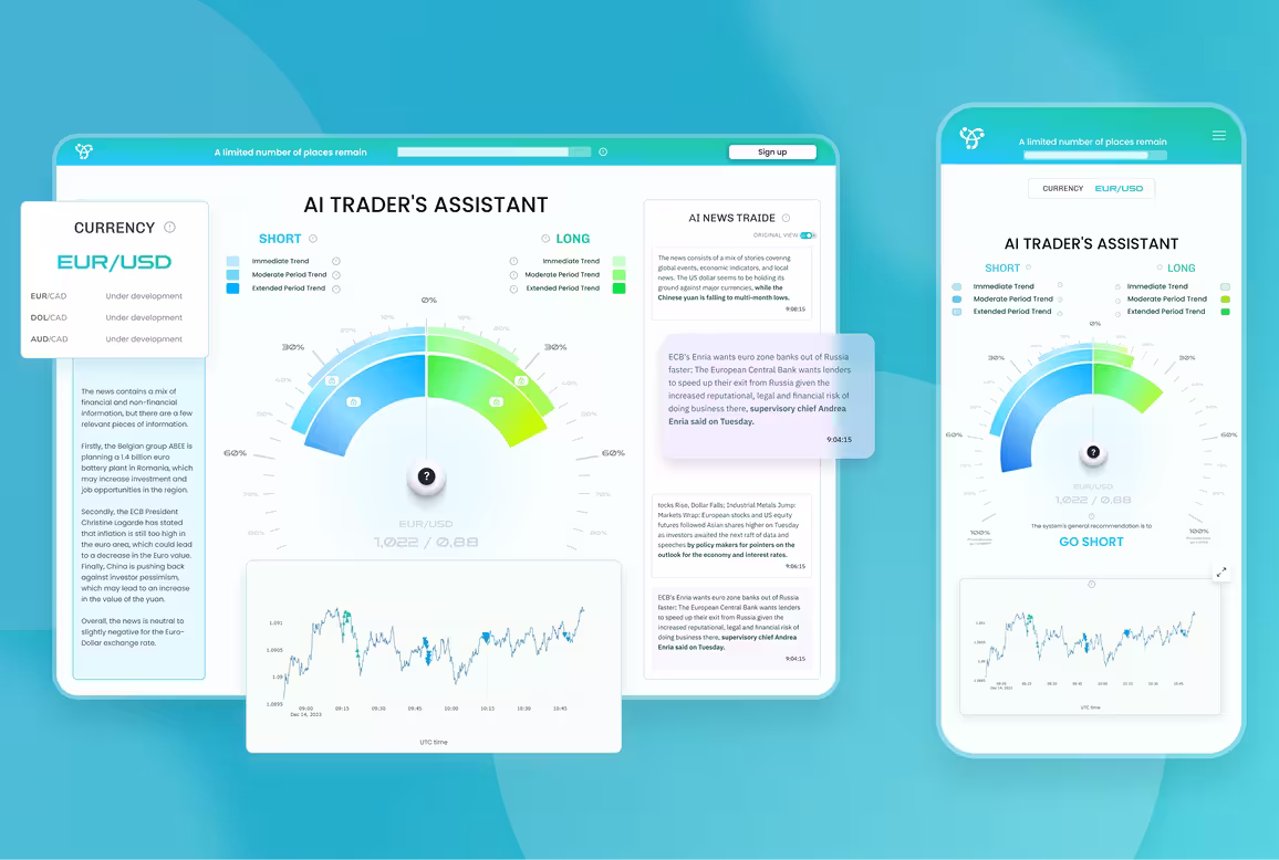 Trade Assistant AI web application UI for directional guidance in currency trading