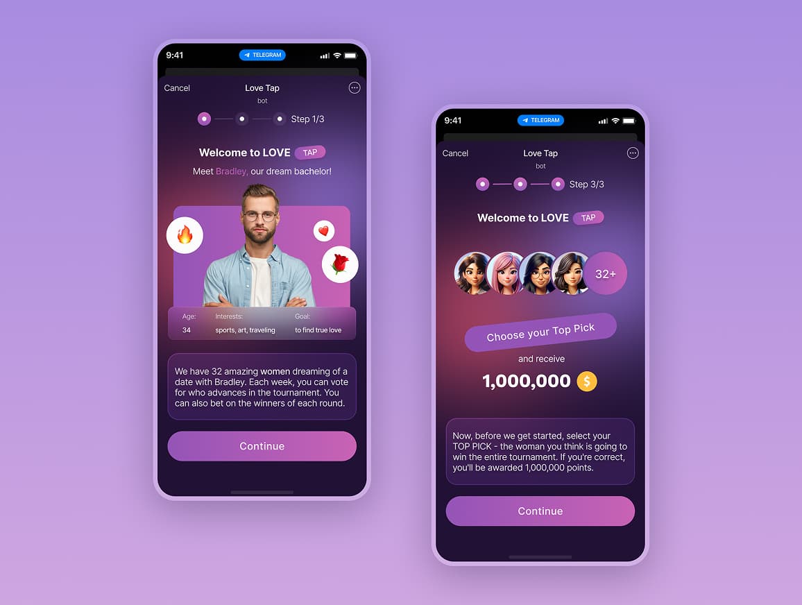 Love Tap Telegram mini-app UI design with animated characters and gamified voting