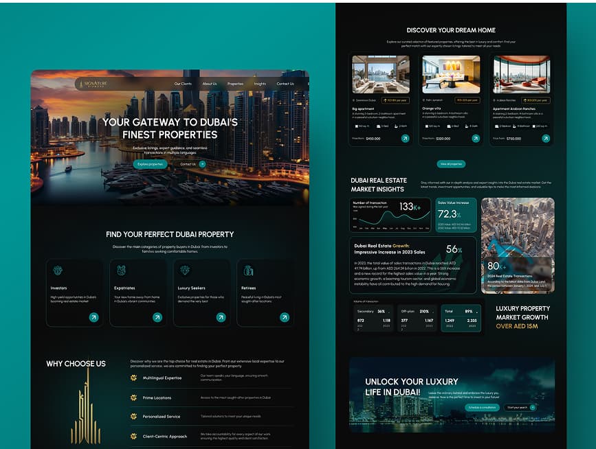 Luxury Dubai real estate website design with dark tones, gold accents, and elegant high-resolution visuals
