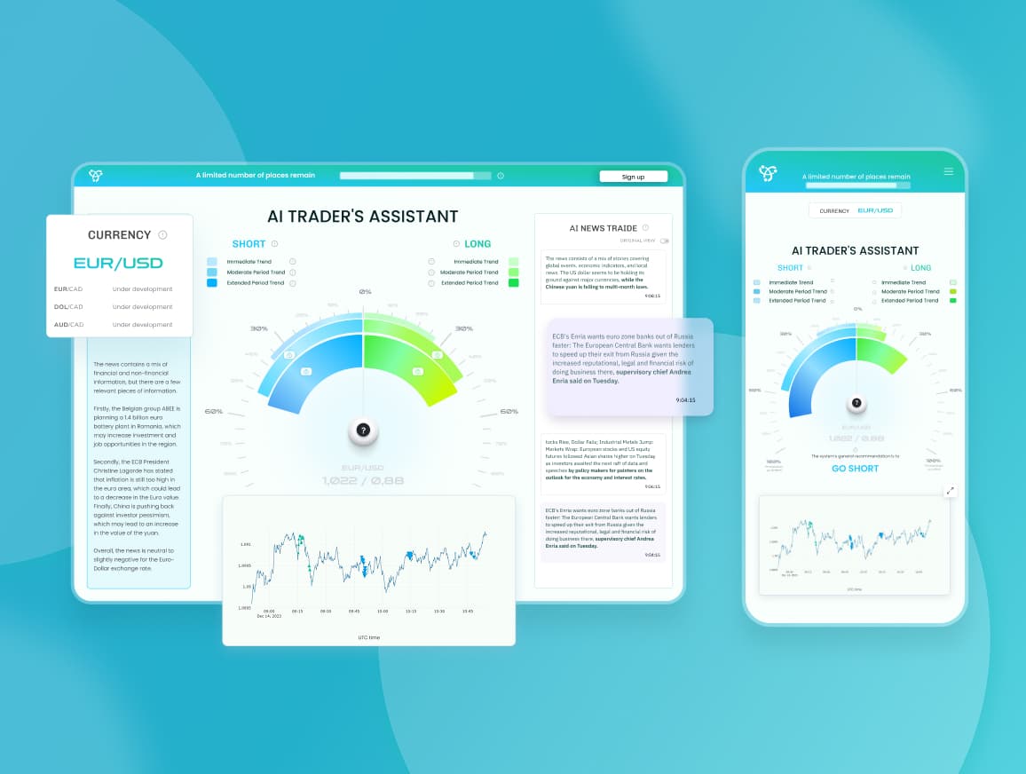 Trade Assistant AI web app UI for directional guidance in currency trading
